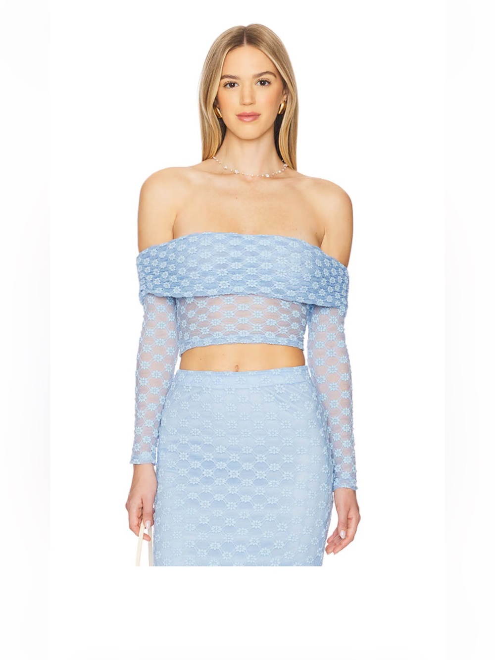 NWT Bardot x Revolve Adoni Sky Blue Lace Off-Shoulder Top